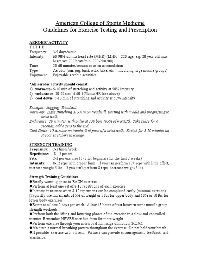 American College of Sports Medicine Guidelines For Exercise Testing and ...