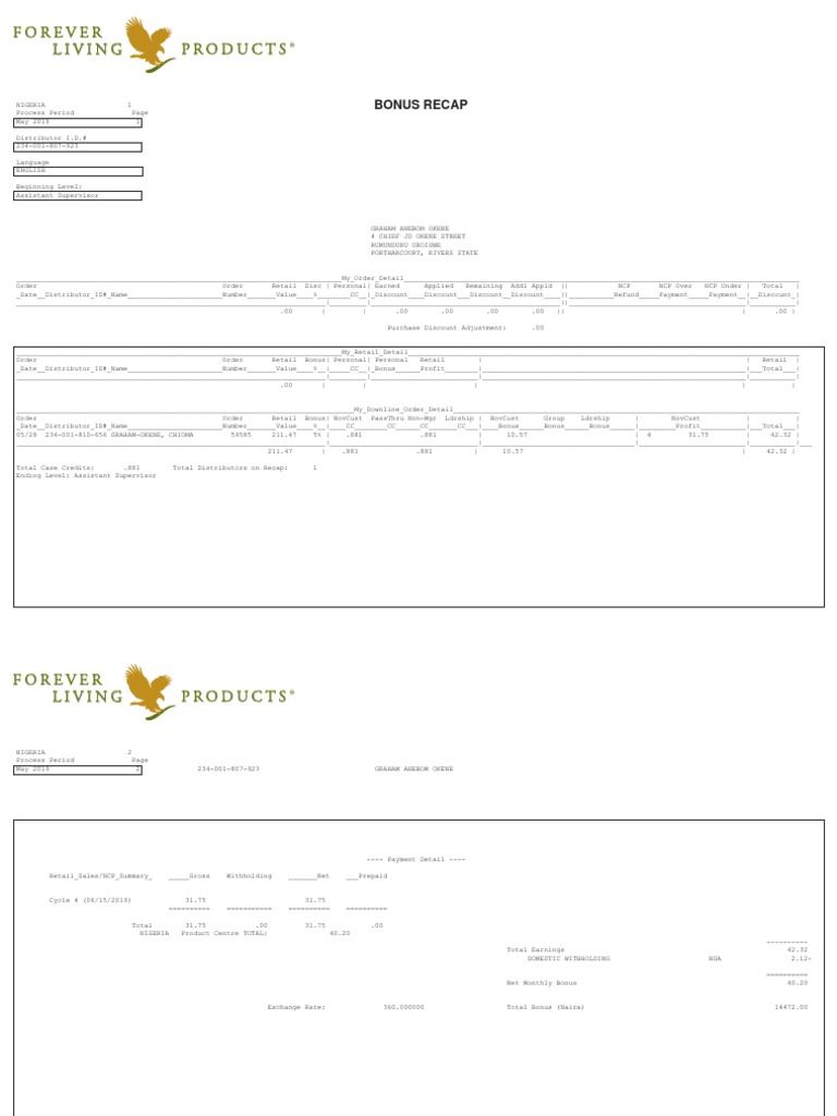 Forever Living Products: Bonus Recap | PDF | Economies | Payments