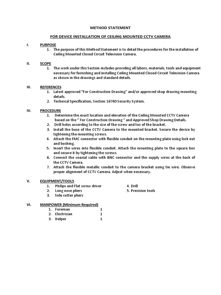 Method Statement For Ceiling Mounted Cctv