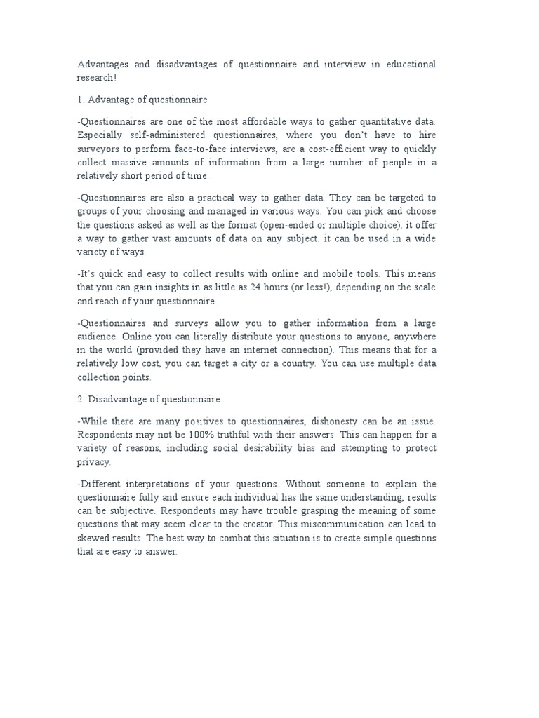 Questionnaire and Interview Pros & Cons | PDF | Survey Methodology ...