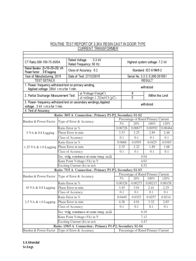 CT PT TEST REPORT Transformer Electrical Components