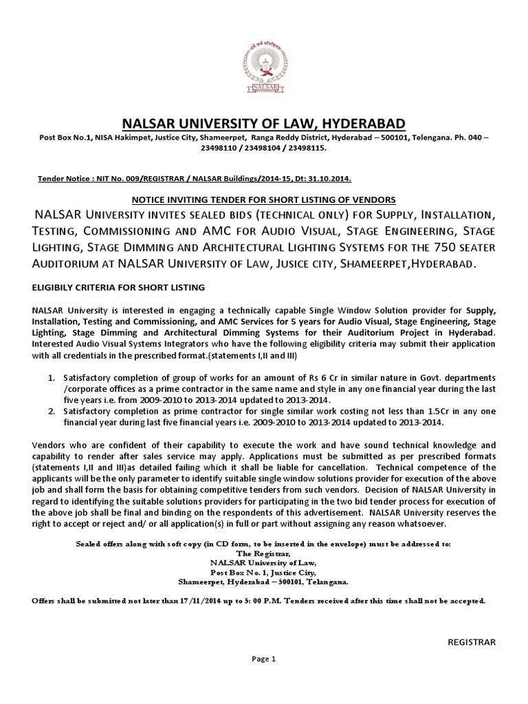 Tenders For Audio Visual and Stage Equipment For Auditorium PDF