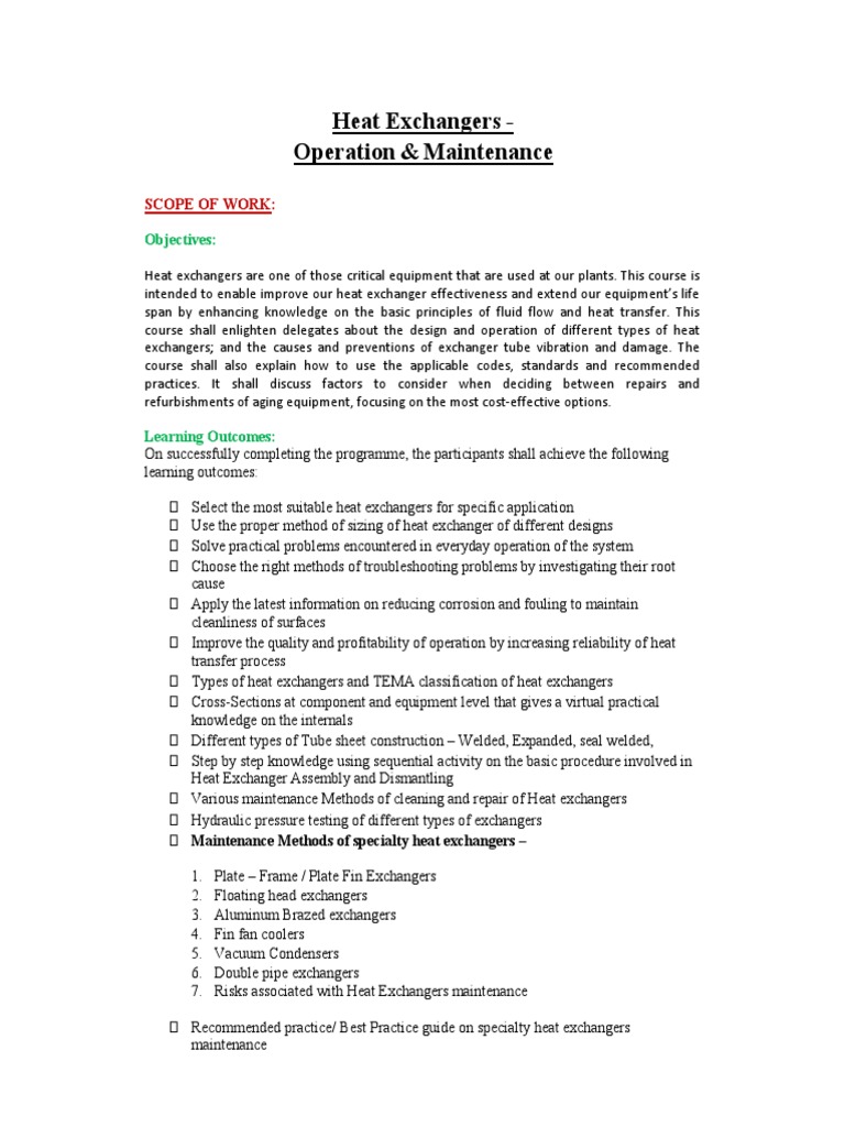 Heat Exchangers Operation & Maintenance Scope of Work PDF Heat