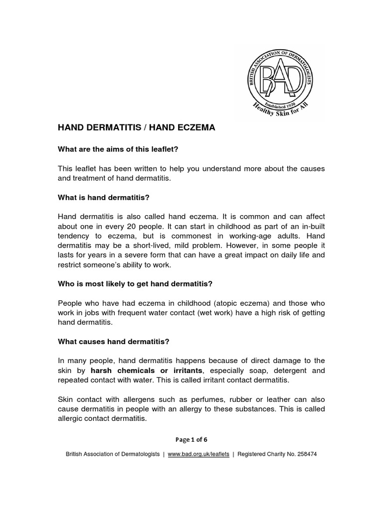 Hand Dermatitis / Hand Eczema What Are The Aims of This Leaflet? PDF