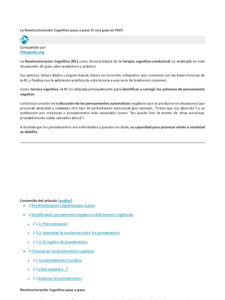 La Reestructuración Cognitiva Paso a Paso PDF Terapia cognitiva