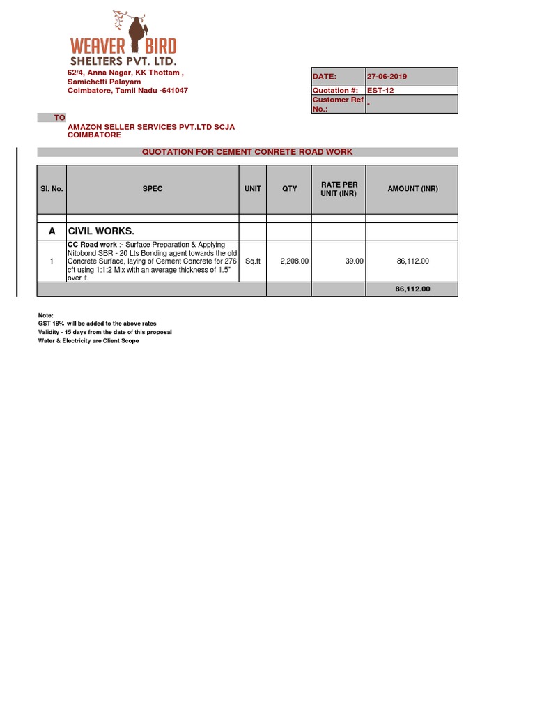 Quotation for Cement Concrete Road Work | PDF