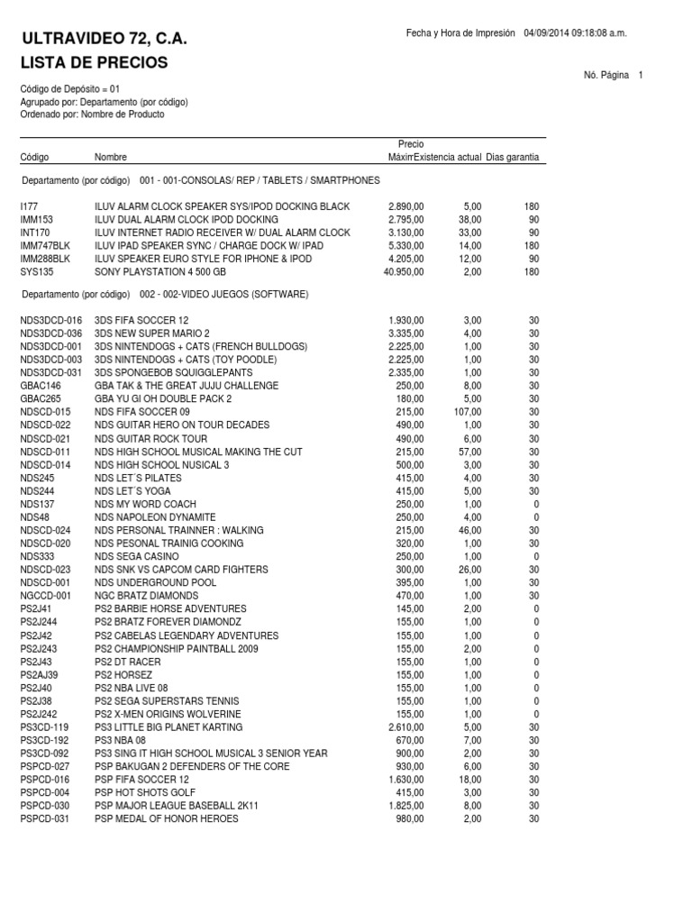 Lista De Precios 04 Sept 14 Play Station 3 I Pod