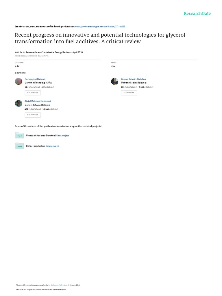 Recent Progress On Innovative and Potential Technologies For Glycerol