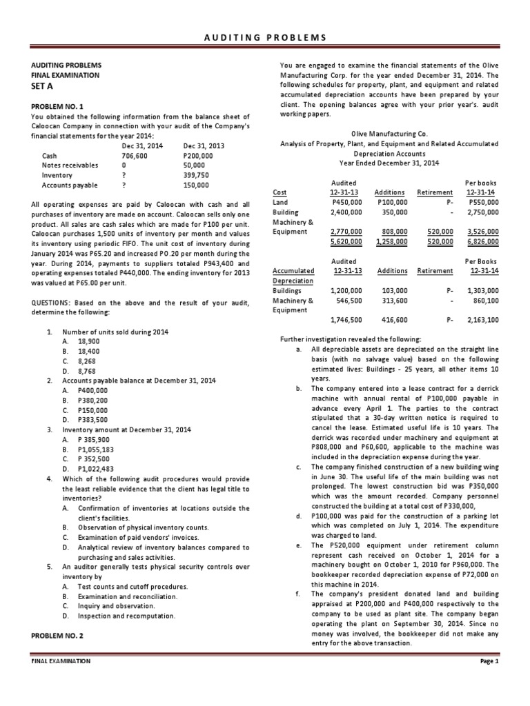 Auditing Problems Final Exam Set A | PDF | Expense | Depreciation