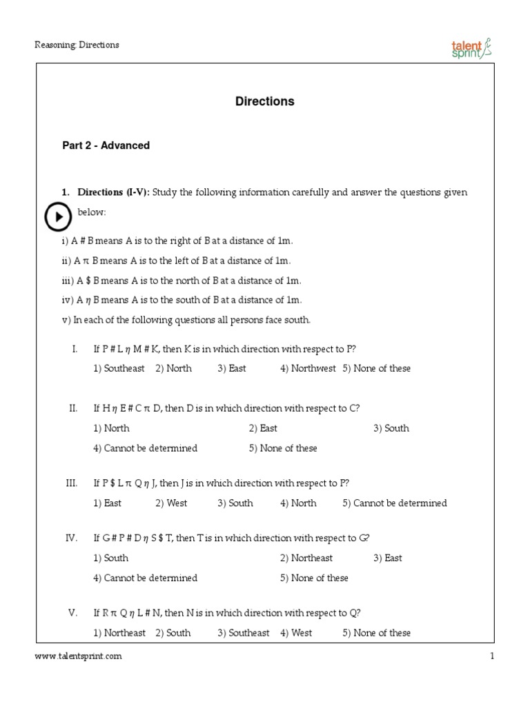Direction and Distance Reasoning Questions | PDF | Nature | Teaching ...