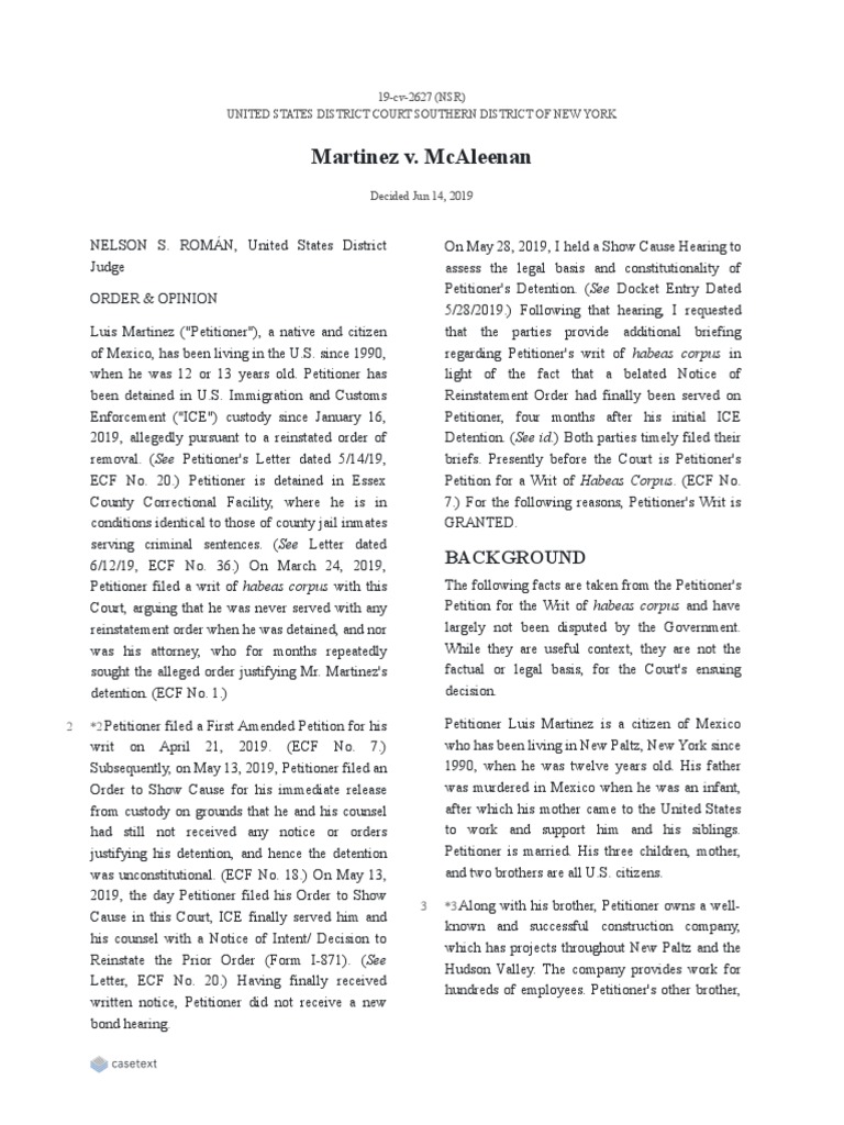 Martinez V Mcaleenan Background Habeas Corpus Due Process Clause