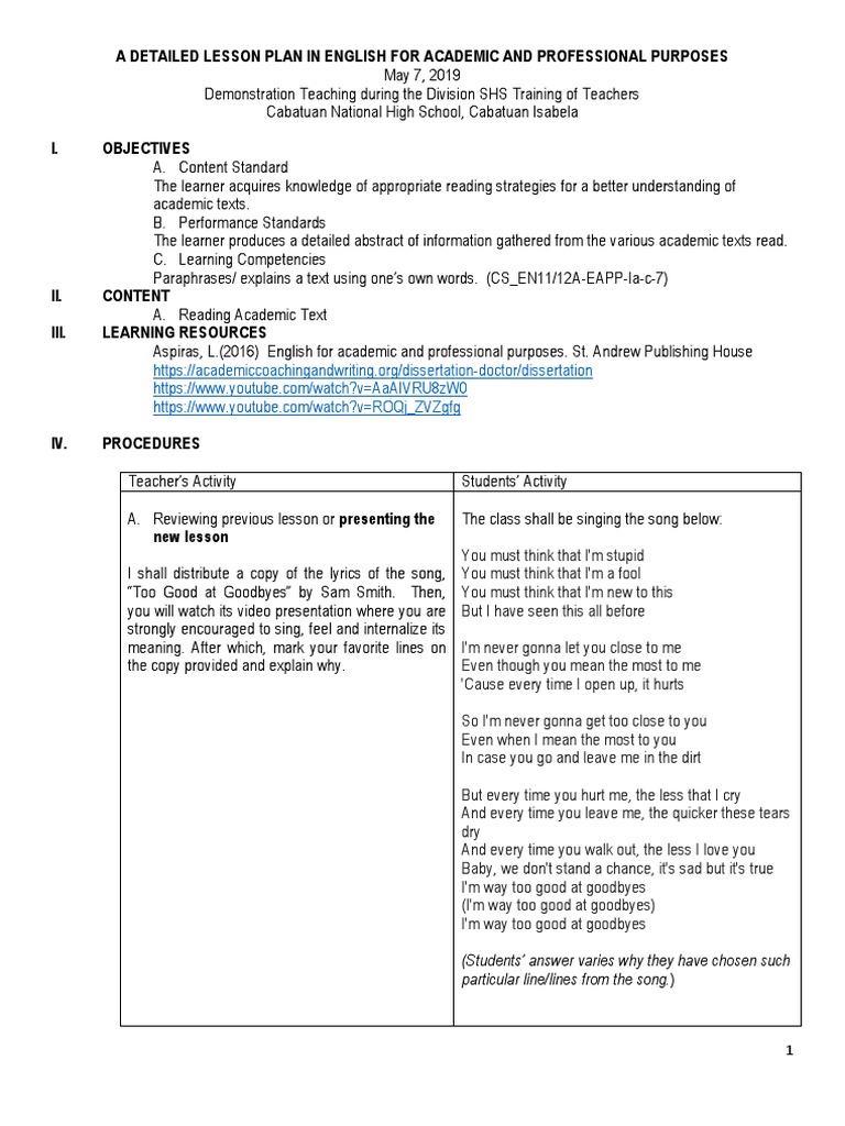 EAPP Lesson Plan: Paraphrasing Skills | PDF | Lesson Plan | Filtration