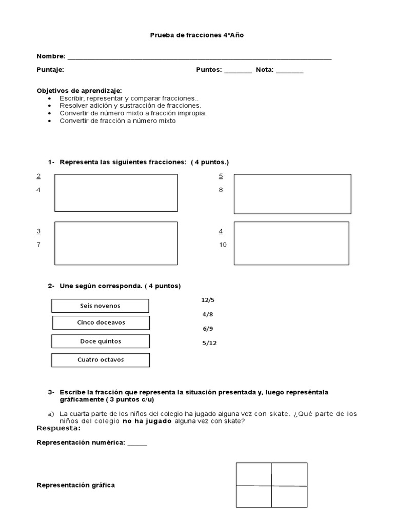 Prueba de Fracciones para 4º Año | PDF | Fracción (Matemáticas) | Números