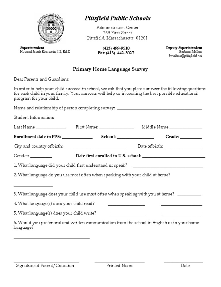 Pittsfield Schools Language Survey Form | PDF | Behavior Modification ...