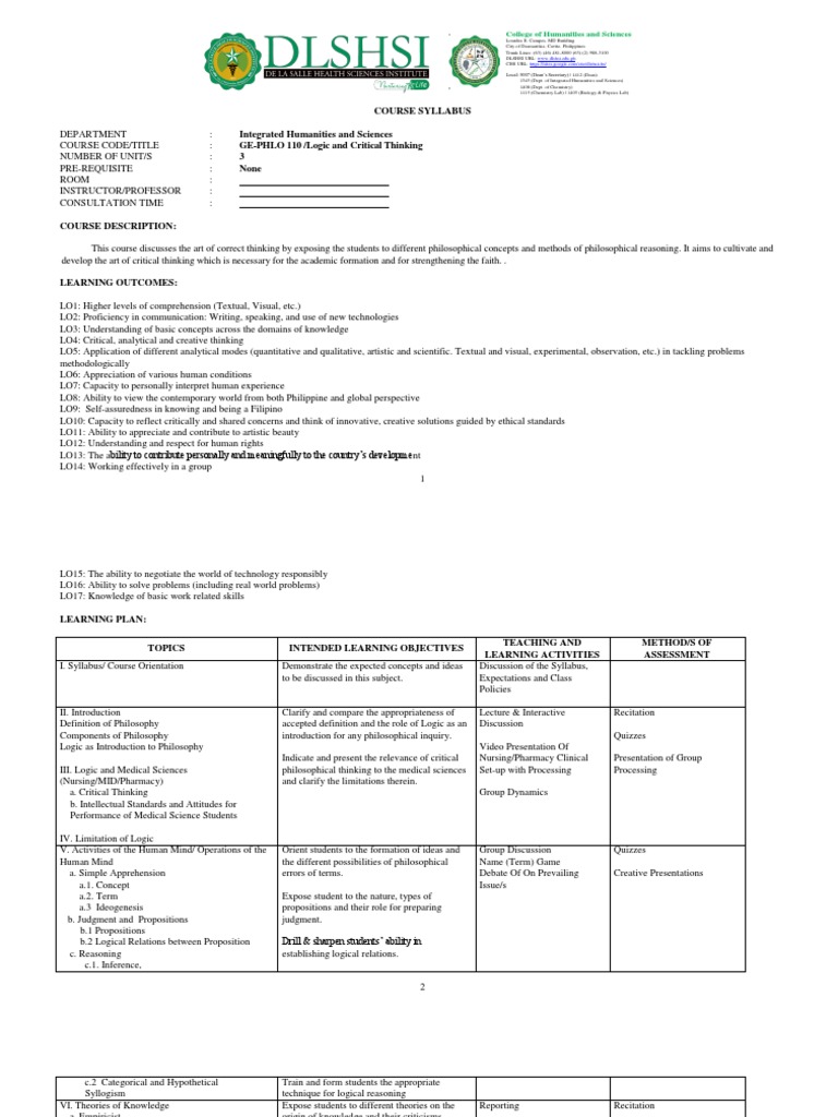 Logic and Critical Thinking Course Syllabus | PDF | Critical Thinking ...