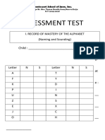 Assessment Test: I. Record of Mastery of The Alphabet (Naming and Sounding)