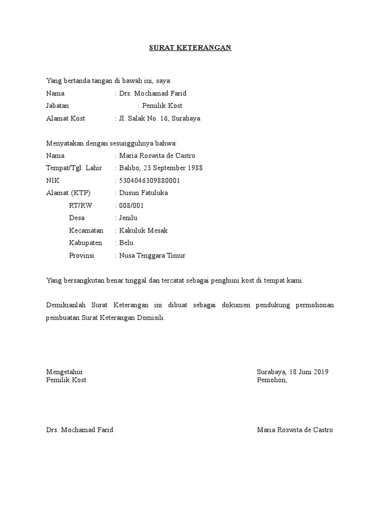 Contoh Surat Pernyataan Domisili Tempat Tinggal Nusagates