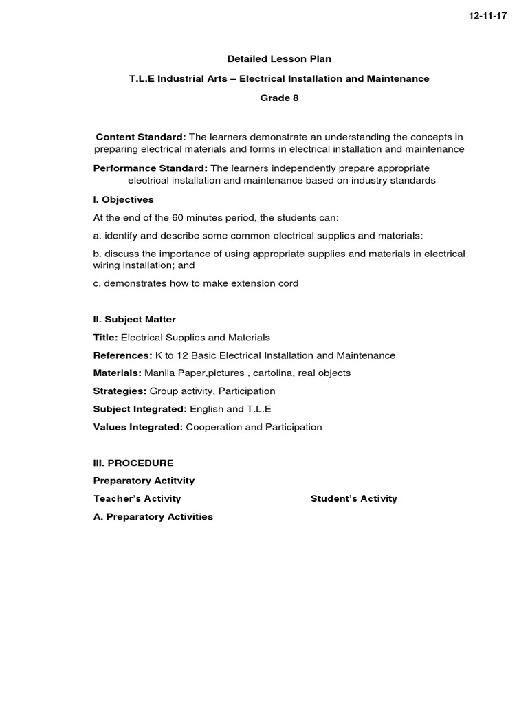 Grade 8 Electrical Installation Lesson Plan | PDF | Lesson Plan | Switch