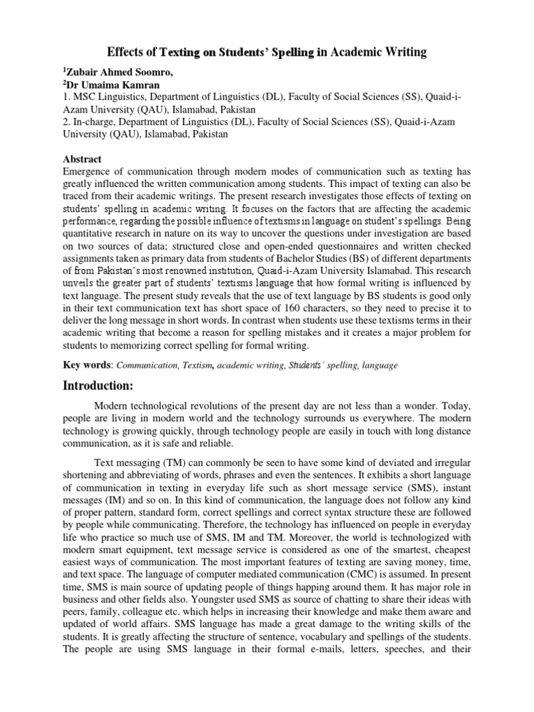Texting's Impact on Student Spelling | PDF | Text Messaging | Communication