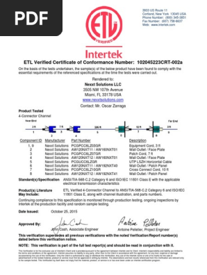 Nexxt Solutions Etl Verified Certificate for Cat6 Lszh 4 Connector Channel