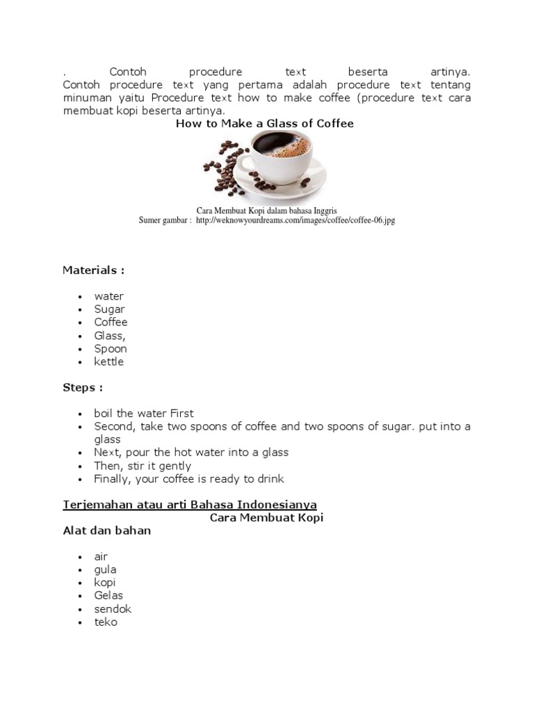 Prosedur Text Cara Membuat Kopi Dalam Bahasa Inggris Beserta Soalnya