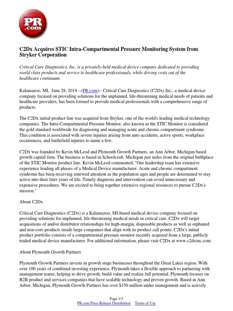 C2Dx Acquires STIC Monitor from Stryker | PDF | Health Professional ...