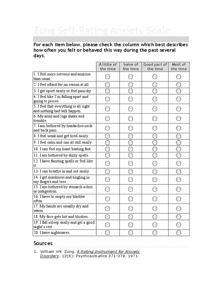 Zung SelfRating Anxiety Scale PDF SelfImprovement Wellness