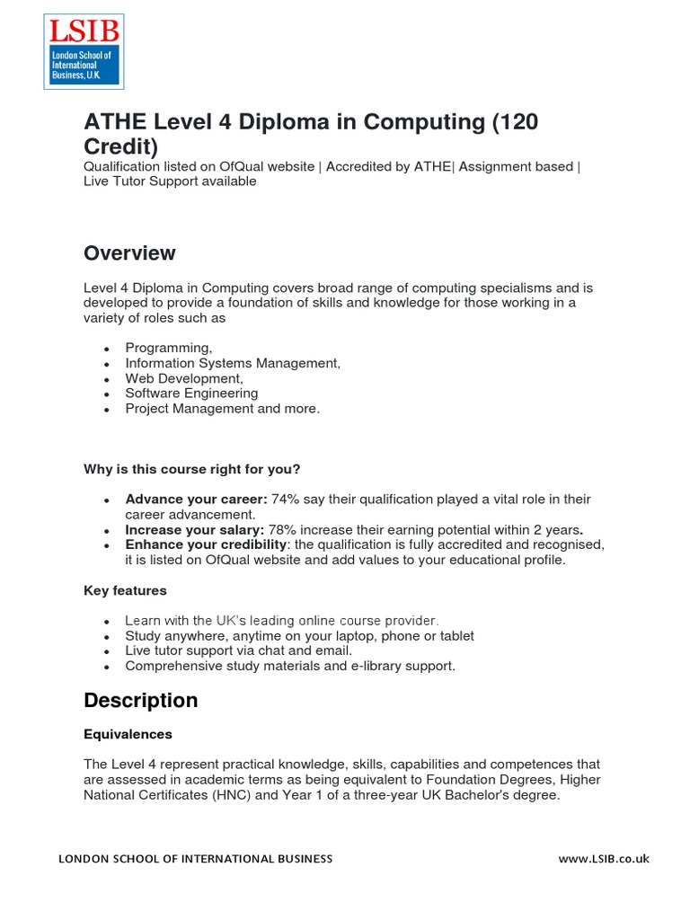 ATHE Level 4 Diploma in Computing | PDF | Diploma | Academic Degree