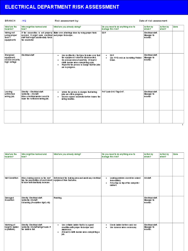 Electrical Department Risk Assessment Form | Electrical Wiring