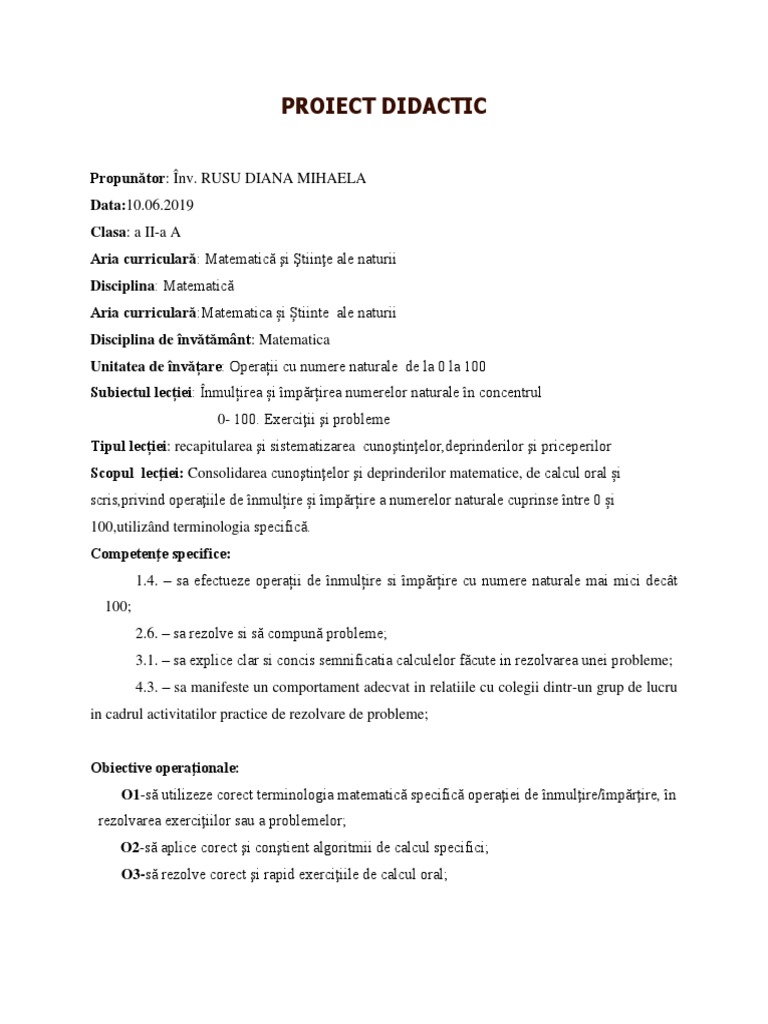 0 Proiectdidactic Matematica | PDF