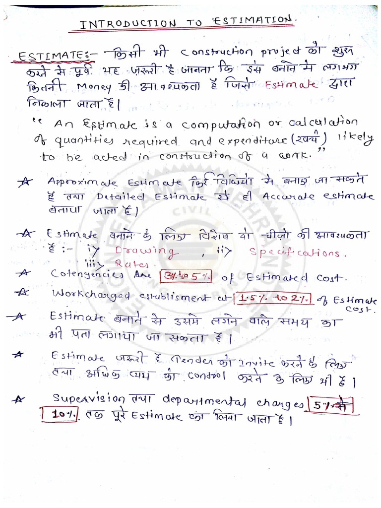 Estimate Costing Hindi Notes