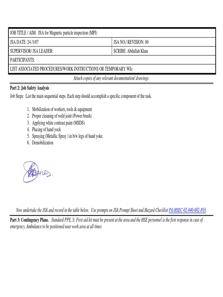 JSA for Magnetic Particle Inspection | PDF | Personal Protective ...