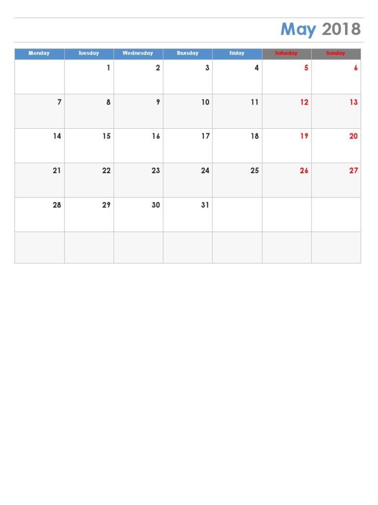 A Weekly Calendar for May 2018 Showing the Days of the Week and their