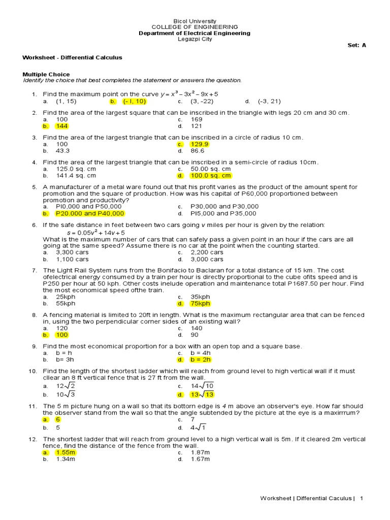 Differential Calculus Worksheet With Answers Pdf