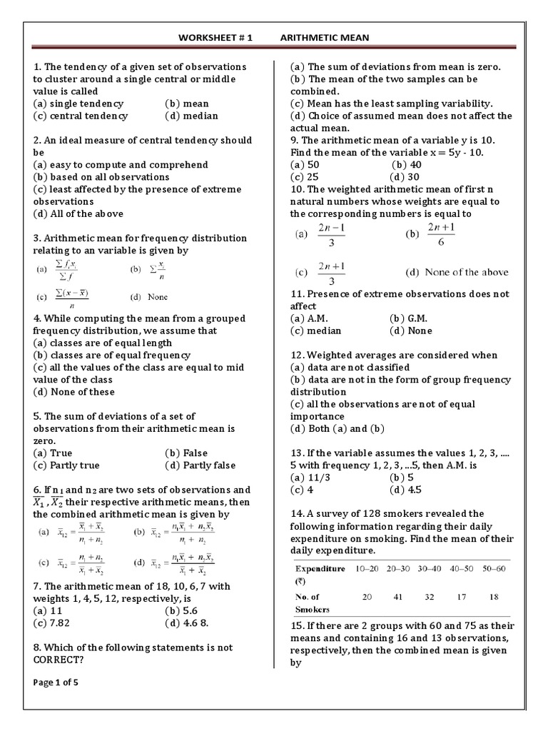 Understanding the Arithmetic Mean: A Comprehensive Worksheet on the Key ...