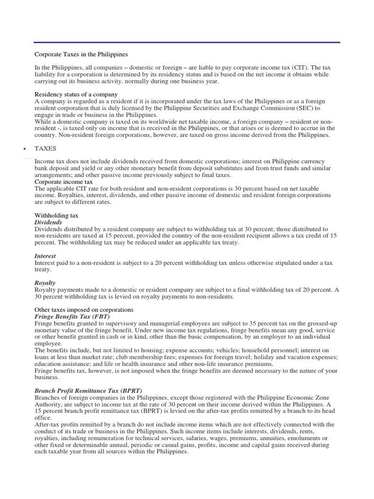Corporate Tax Overview in the Philippines | PDF | Income Tax | Employee ...
