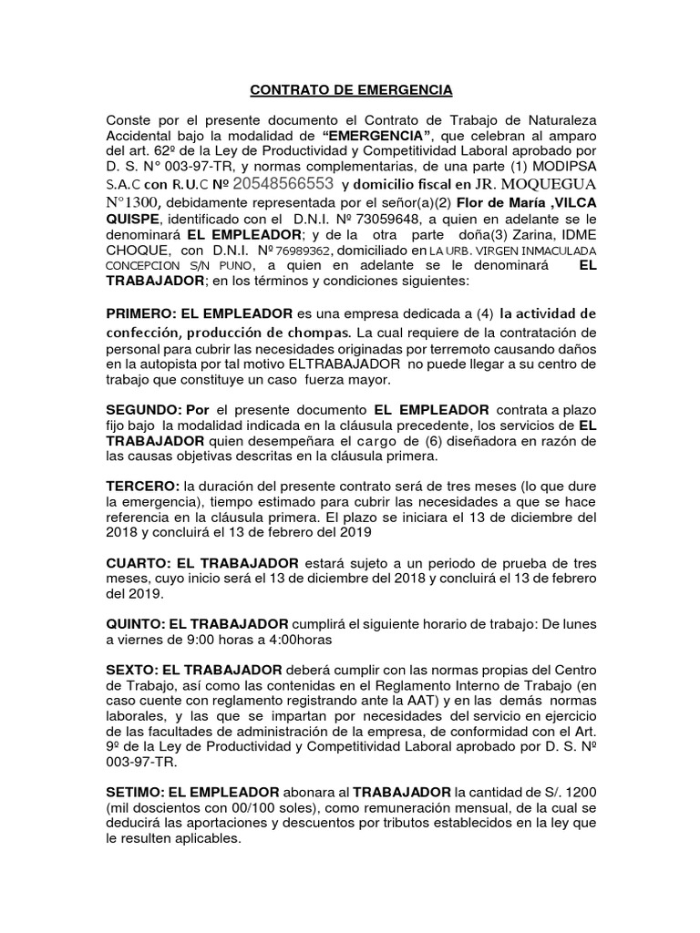 Modelo de Contrato de Emergencia | PDF | Derecho laboral | Salario