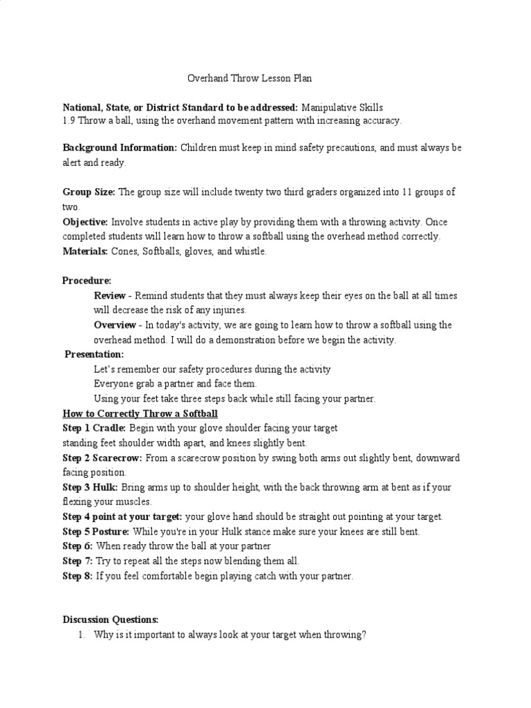 Ecd 430 Overhand Throw Lesson Plan Pdf Softball Sports