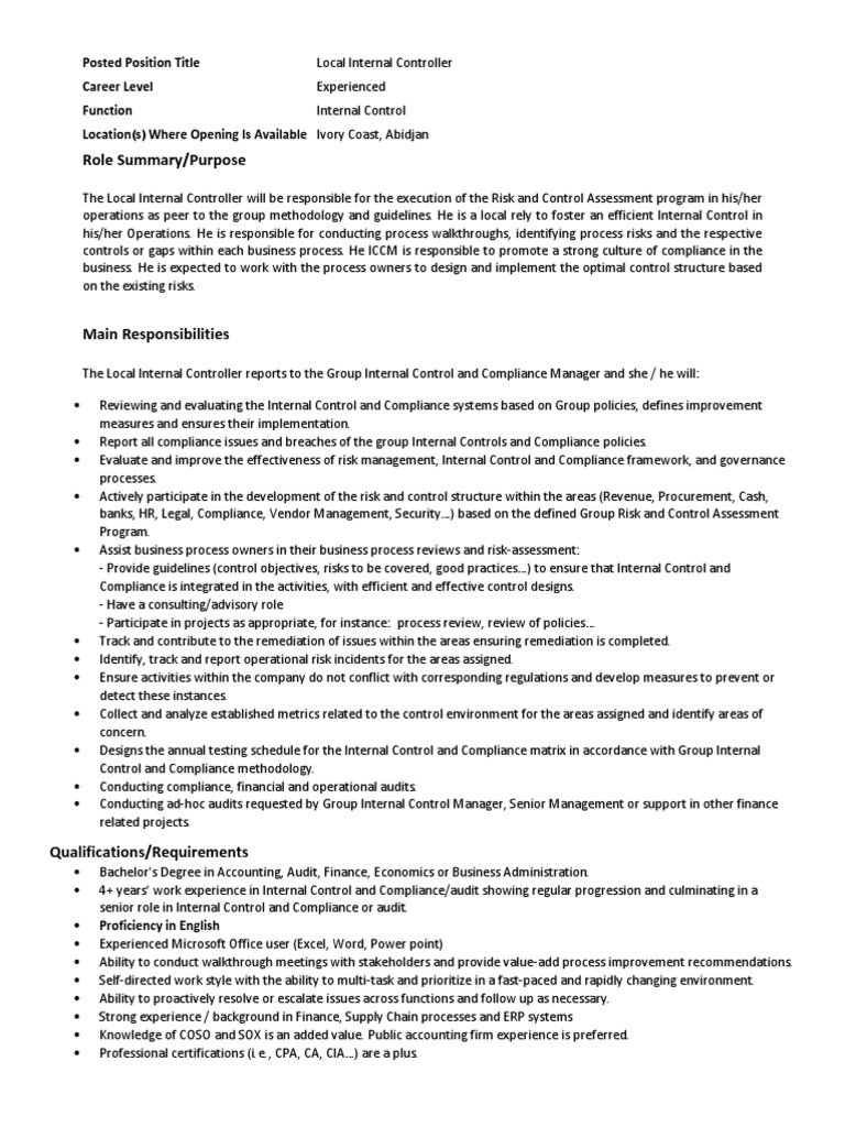 Jumia Recrute Un Contrôleur Interne PDF Internal Control Risk