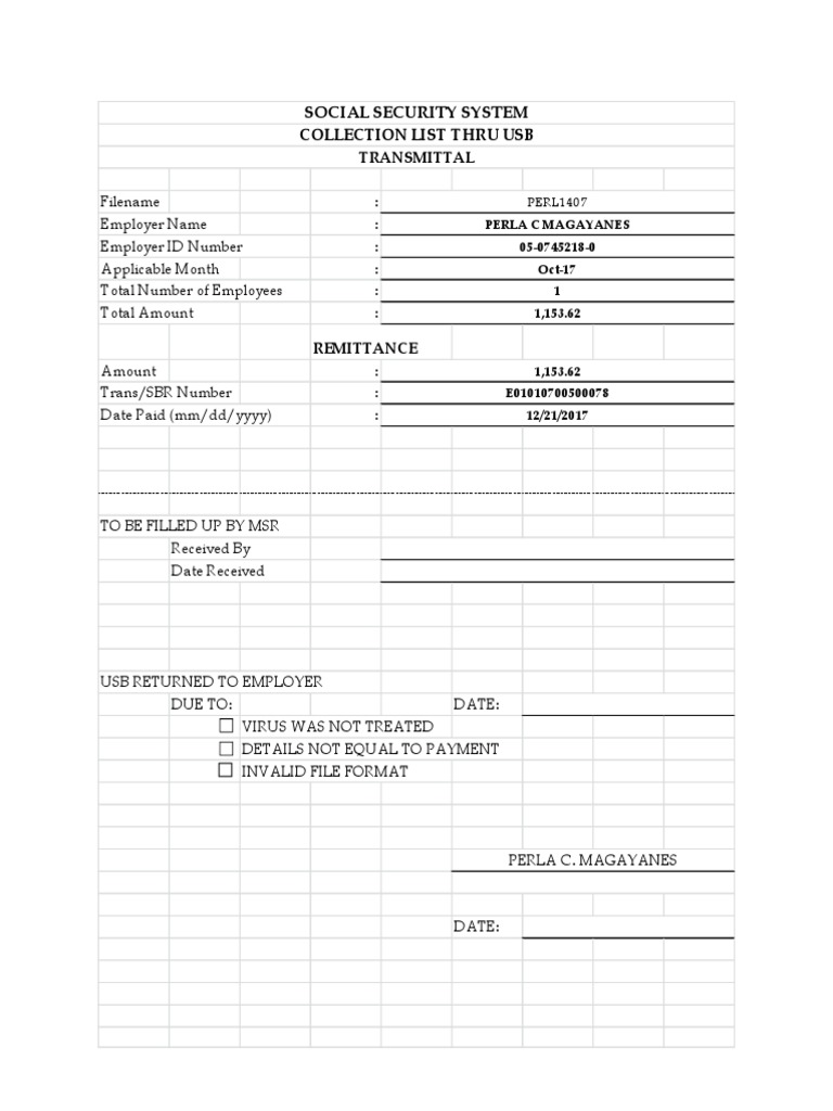 Social Security System Collection List Thru Usb PDF Operating