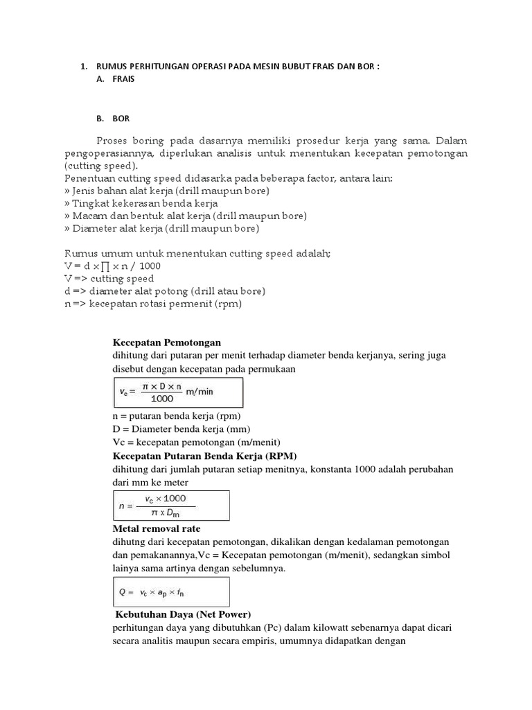 346237173 Rumus Perhitungan Operasi Pada Mesin Bubut Frais Dan Bor Docx