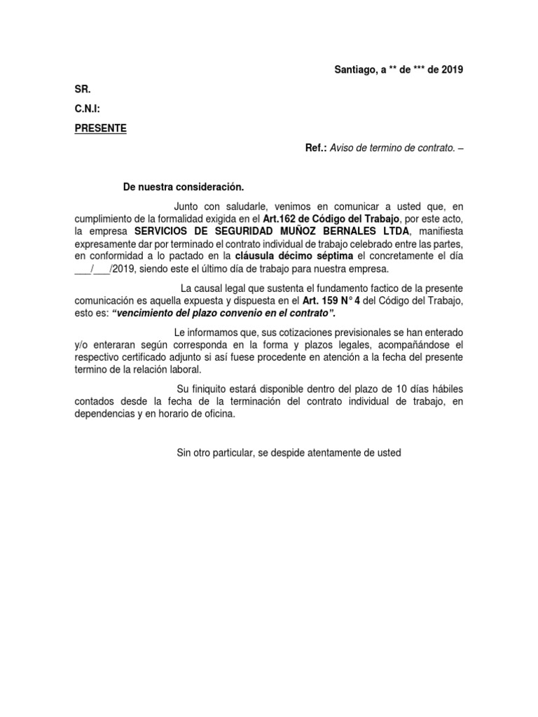 Formato Carta Termino Contrato Vencimiento de Plazo