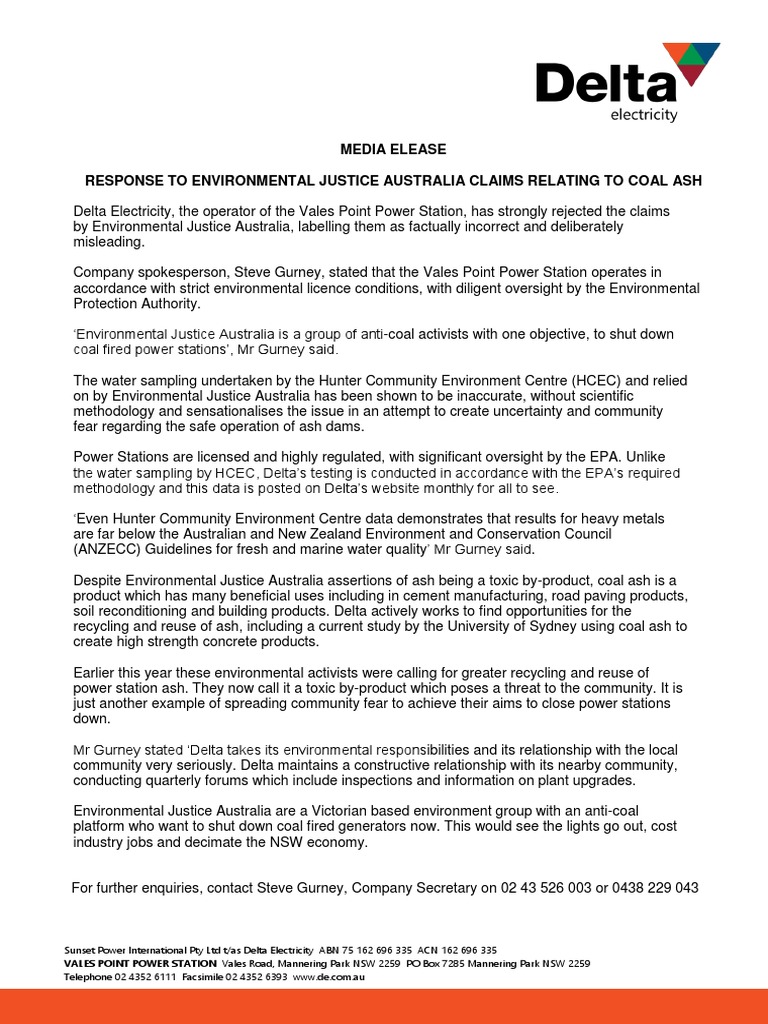 Delta Media Release | PDF | Fly Ash | Environmental Movement