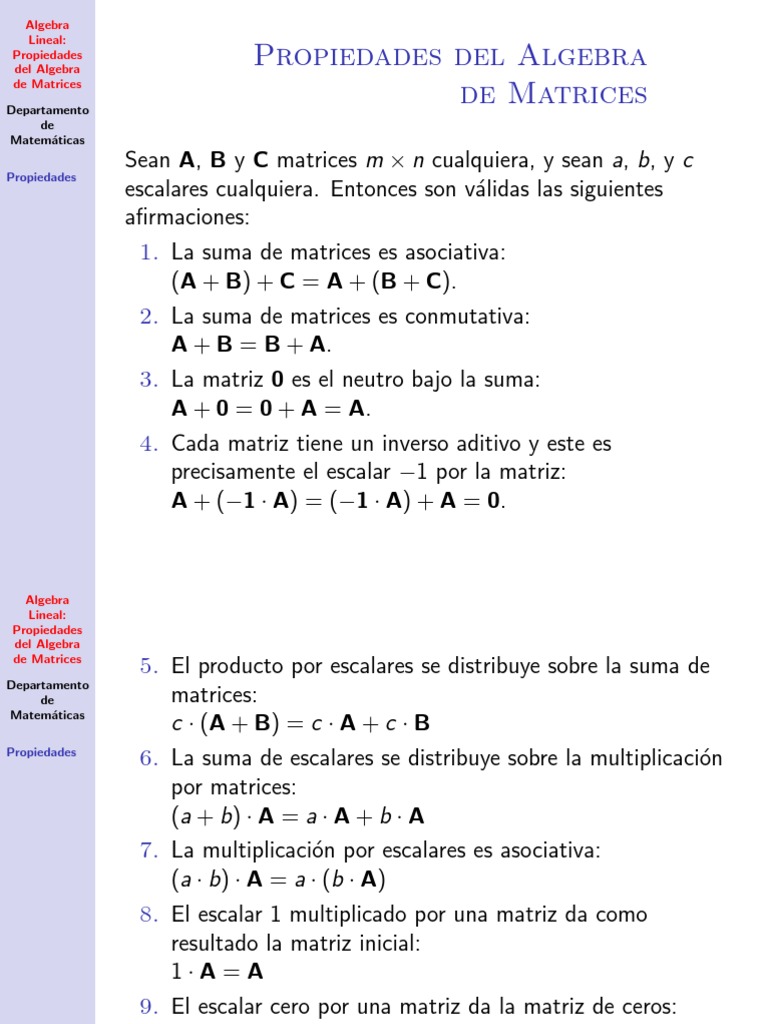Propiedades del Álgebra de Matrices | PDF | Matriz (Matemáticas ...
