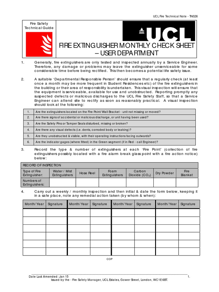 Fire Extinguisher Monthly Check Sheet User Department UCL Fire Technical Note TN026 PDF