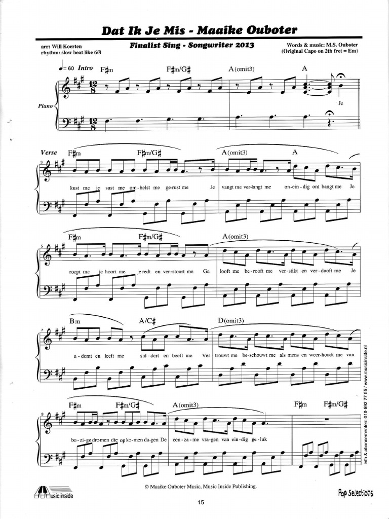 Dat Ik Je Mis Maaike Ouboter (Pianoversie) PDF