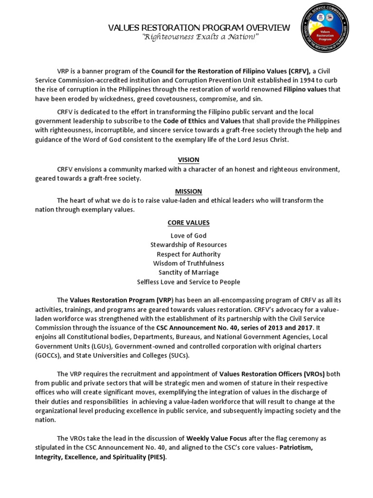 Values Restoration Program Overview PDF Religious Behaviour And Experience Religion And Belief