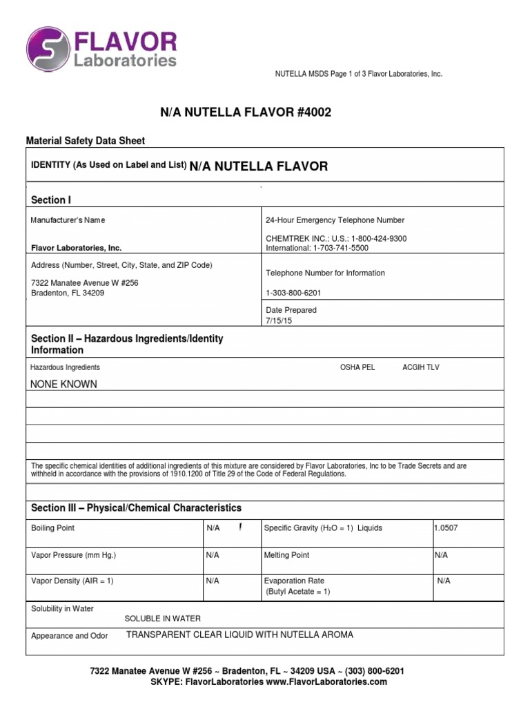 MSDS Nutella 4002 Flavor Laboratories Inc PDF PDF Combustion Fires