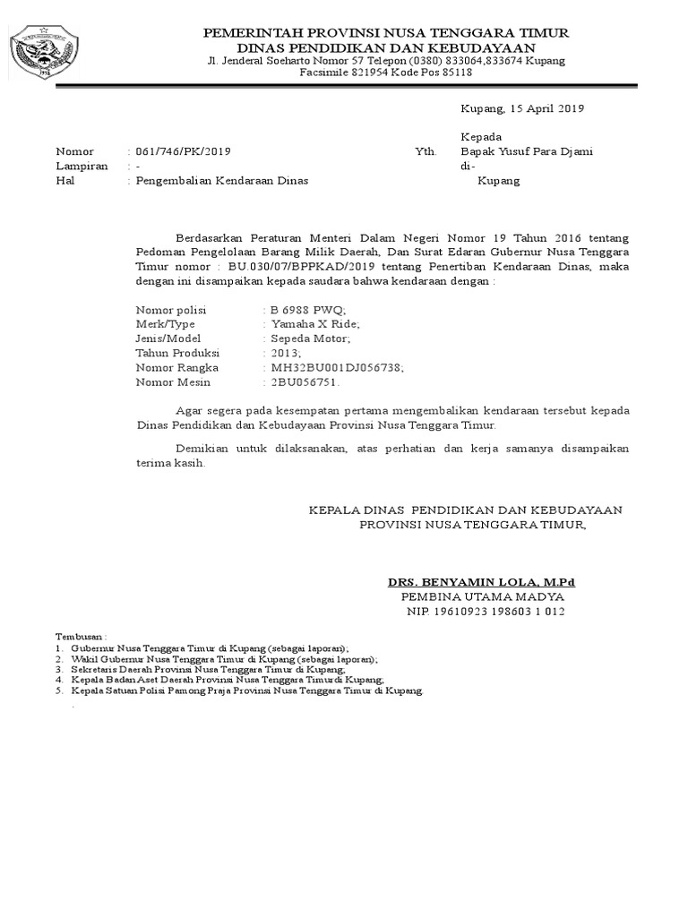 Contoh Surat Penarikan Kendaraan Dinas Hari Belajar