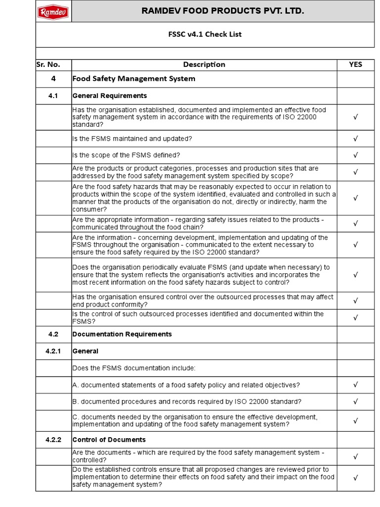 FSSC v4.1 Checklist PDF Food Safety Hazard Analysis And Critical